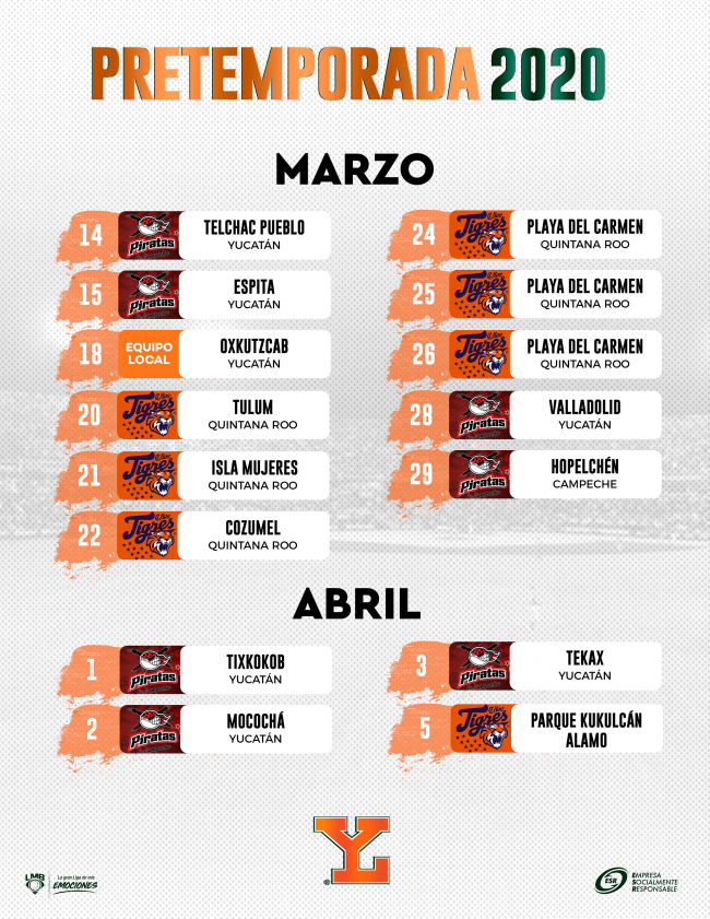 Calendario Pretemporada 2020 Leones de Yucatán