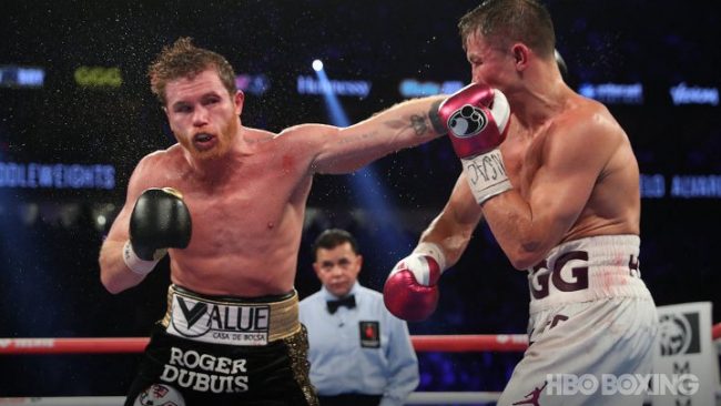 Saúl Canelo Álvarez vs. Gennady Golovkin II, ganó campeonatos mundiales mediano CMB y AMB GDM-12 55 del 150918 en Las Vegas Arena T-Mobile con réferi Benji Estévez