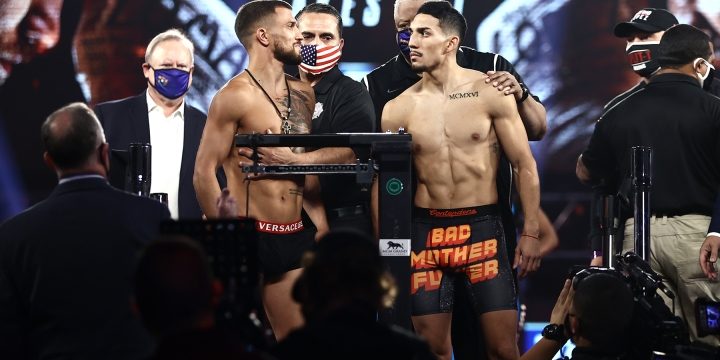 Vasily Lomachenko pesaje vs. Teófimo López 7 del 161020 en Las Vegas por campeonatos mundiales ligero AMB, OMB CMB, Sulaimán lo cambió de franquicia a absoluto despojando