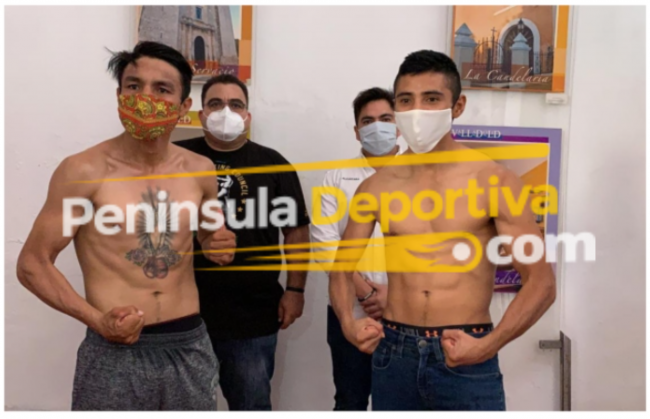 Miguel Joyita Herrera pesaje vs. Humberto Chato Morales del 181220 en Valladolid con Euberto Díaz Rivero y Emmanuel Alcántara con marca de agua