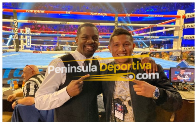 Miguel Berchelt con Jamel Harring en hotel Cosmopolitan de Las Vegas Miguel Berchelt con Jamel Herring