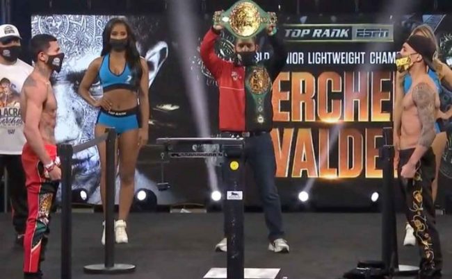 Miguel Berchelt pesaje vs. Óscar Valdez del 190221 en Burbuja del MGM 7a defensa campeonato mundial pluma del CMB Miguel Berchelt