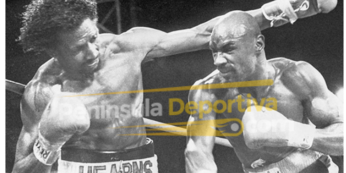Marvin Hagler vs. Tommy Hearns fotocomposición con marca de agua