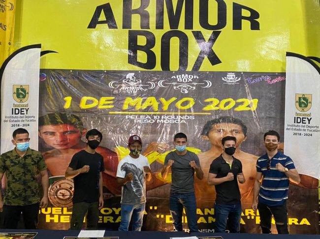 Alejandro Morales Cházaro, Miguel Joyita Herrera, Juan Carlos Zurdo Parra y Pablo Rojo Peraza rueda de prensa del 260421 para función del 010521 en Armor Box Gym Caucel