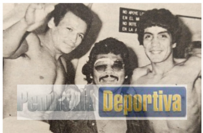 Miguel Canto con Martín Vargas y Víctor Galíndez en Chile, con marca de agua, noviembre de 1977 en Santiago de Chile