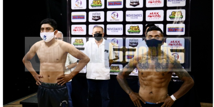 Néstor Profesorcito López pesaje vs. Daniel Hoil con Mario Vega Díaz, del 220421 en Grupo Sipse en Mérida con marca de agua