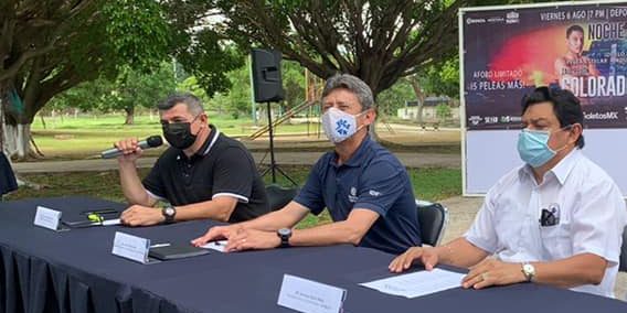 Santiago Basto Mejía, Jorge Puga Valle, Carlos Sáenz Castillo, presentación rueda de prensa retorno boxeo con puertas abiertas en Mérida del 160721 en unidad Víctor Cervera Pacheco