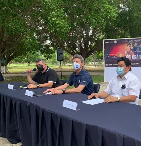 Santiago Basto Mejía, Jorge Puga Valle, Carlos Sáenz Castillo, presentación rueda de prensa retorno boxeo con puertas abiertas en Mérida del 160721 en unidad Víctor Cervera Pacheco