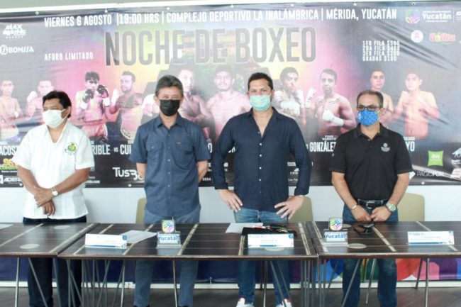 Santiago Basto Mejía, Carlos Sáenz Castillo, Mario Abraham Xacur, Jorge Esteban Abud, presentación de función de box para el 060821, del 040821 en Ibis Galerías