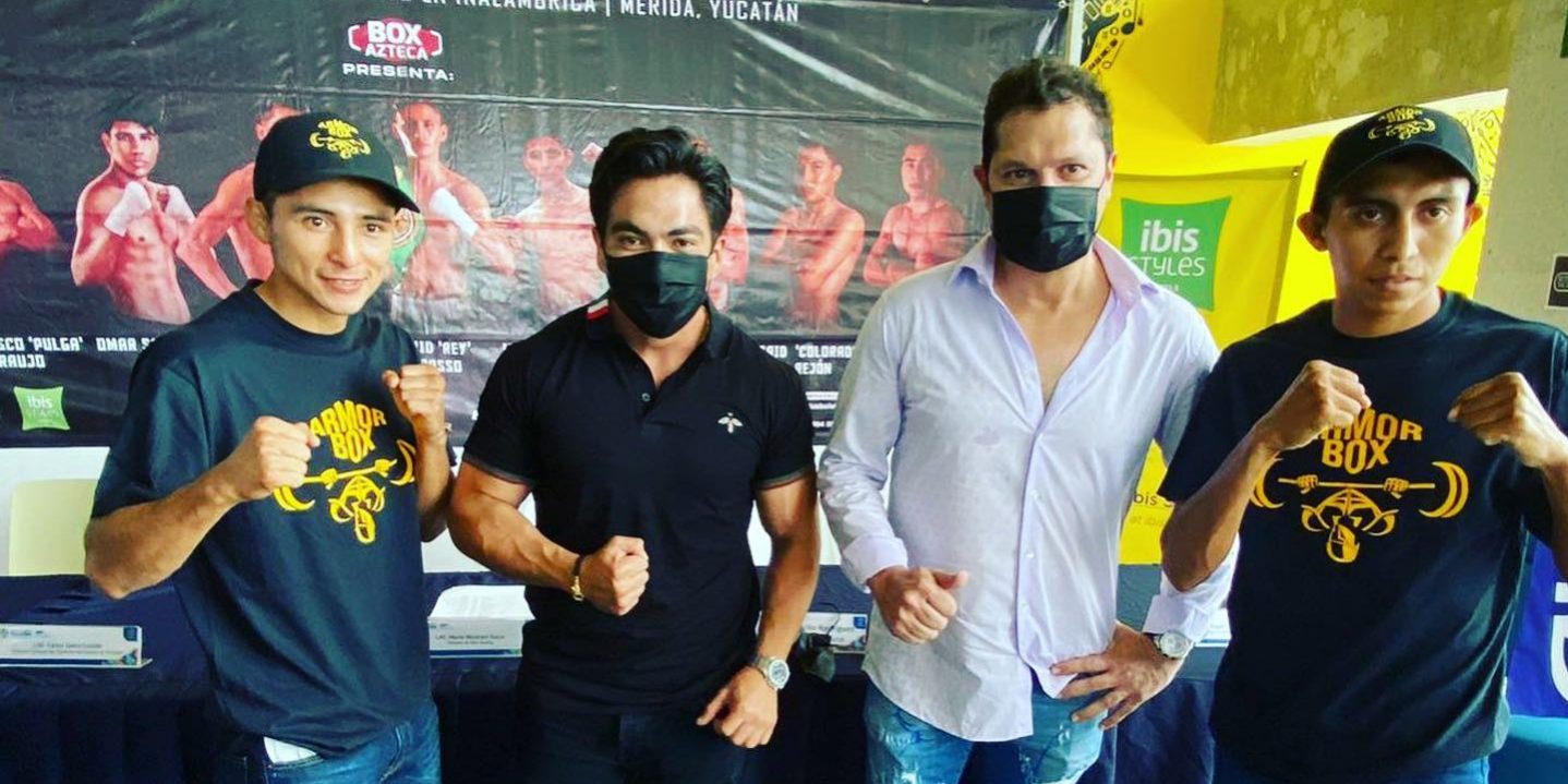 Miguel Joyita Herrera con Emmanuel Alcántara Heredia, Mario Abraham Xacur y Javier Caballito Nic rueda de prensa previa a función, del 230921, para el 250921