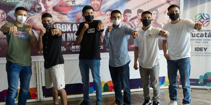 Francisco Pulga Araujo con Omar Pollo Aguilar, Néstor López jr. Miguel Joyita Herrera, rueda de prennsa del 270122 para función del 290122