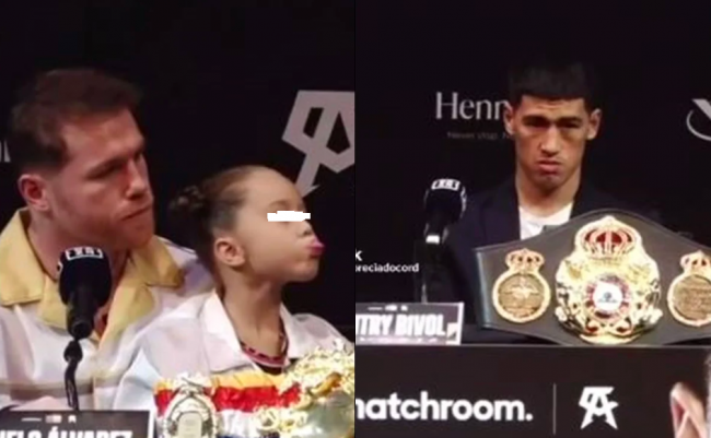 Saúl Canelo Álvarez hija María Fernanda sacándole la lengua a Dmitry Bivol del 050522 en Las Vegas, última conferencia de prensa, ojos tapados