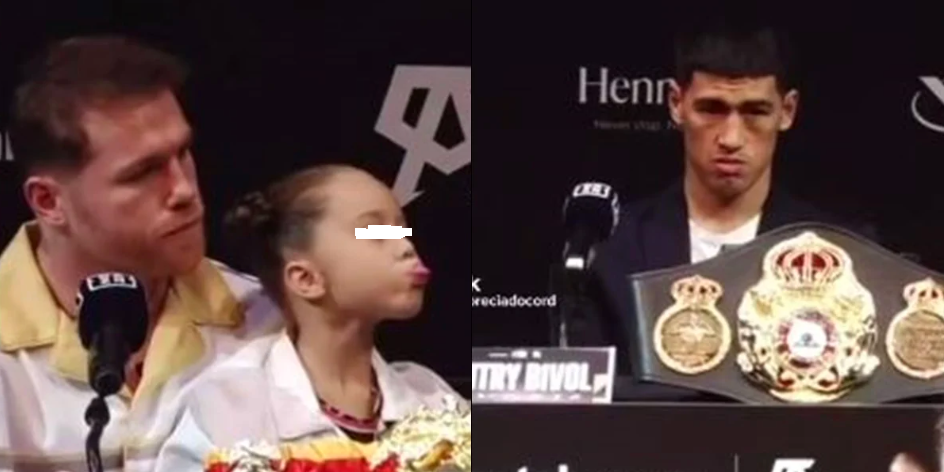 Saúl Canelo Álvarez hija María Fernanda sacándole la lengua a Dmitry Bivol del 050522 en Las Vegas, última conferencia de prensa, ojos tapados