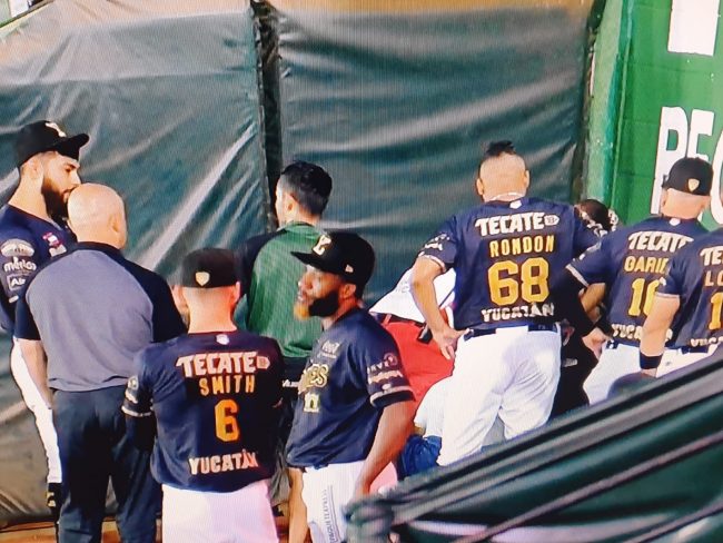 Leones de Yucatán vs. Águila de Veracruz, juego 48, 3o de la serie, serie para los Leones, 12×1, del 160622 en Mérida, cátcher sustituto se sintió mal, durante el juego