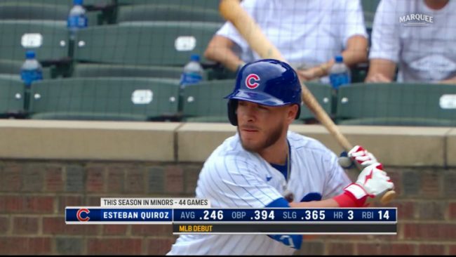 Esteban Pony Quiroz, debut en Ligas Mayores del 170922 en Chicago contra los Rockies, se ponchó bateando como emergente en la 9a