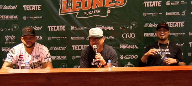 Henderson Álvarez, Roberto Chapo Vizcarra y Norberto Obeso, rueda de prensa 1 del 270822 previo a serie vs. Diablos por corona del sur a iniciar el 300822 en CDMX