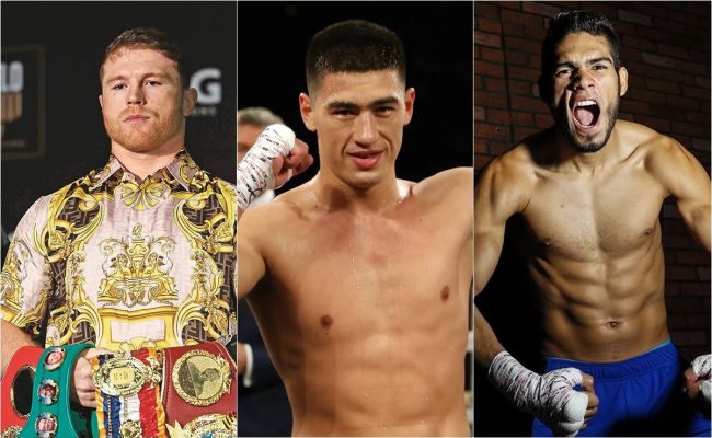 Dmitry Bivol fotocomposición con Saúl Canelo Álvarez y Gilberto Zurdo Ramírez