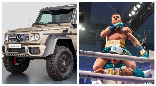 saúl canelo álvarez fotocomposición con su nueva camioneta Mercedes Benz, adquirida en 2023