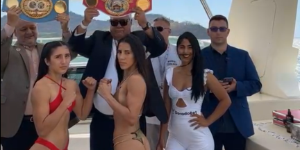 Jessica Tanquecita Basulto pesaje vs. Yokasta Valle por el campeonato mundial mínimo FIB y OMB, del 240323 en Guanacastle