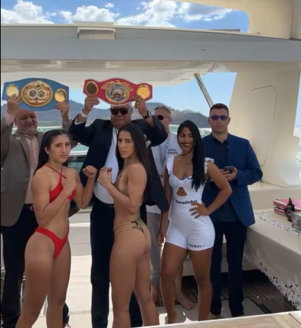 Jessica Tanquecita Basulto pesaje vs. Yokasta Valle por el campeonato mundial mínimo FIB y OMB, del 240323 en Guanacastle