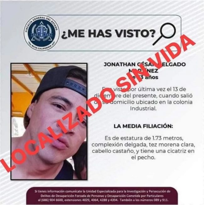 Jonatan Jonik Delgado, hallado muerto en Baja california y confirmada su identidad del 070323
