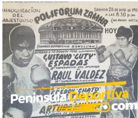 cartel inaugural Polifórum Zamná Gustavo Guty Espadas vs. Raúl Valdez 1983 con marca de agua