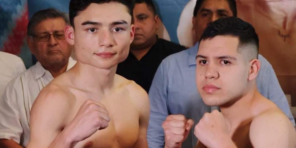 Ángel Petrolero Patrón pesaje vs. Arturo Bam Bam Hernández, 1 del 230224 en Mérida Ybus Galerías con Mauro Chalé y Carlos Espadas