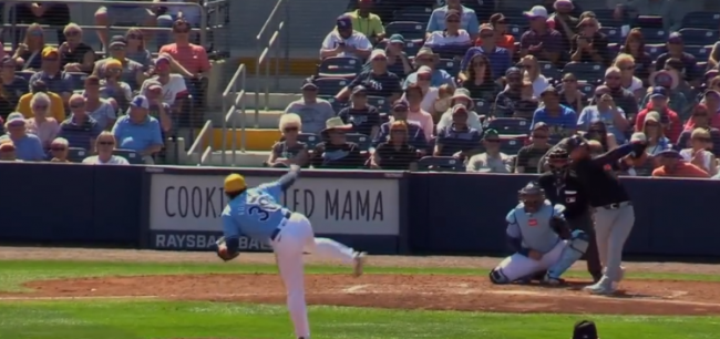 Manuel Bolón Rodríguez, 2o juego pretemporada con los Rays de Tampa, ponchó a tres en un inning y admitió un hit, del 280424 en Dunedin