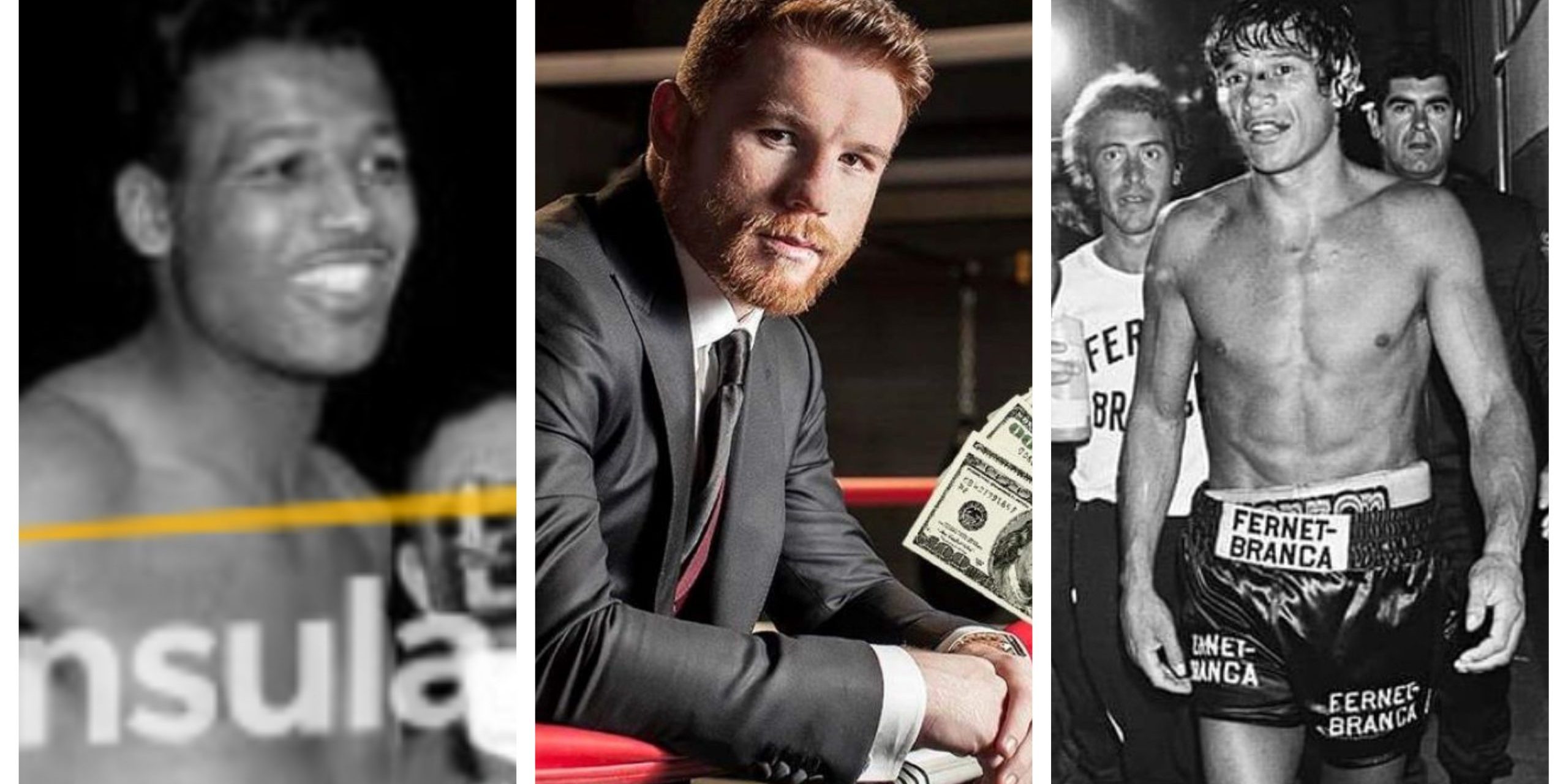 fotocomposición Saúl Canelo Álvarez con Ray Robinson y Carlos Monzón
