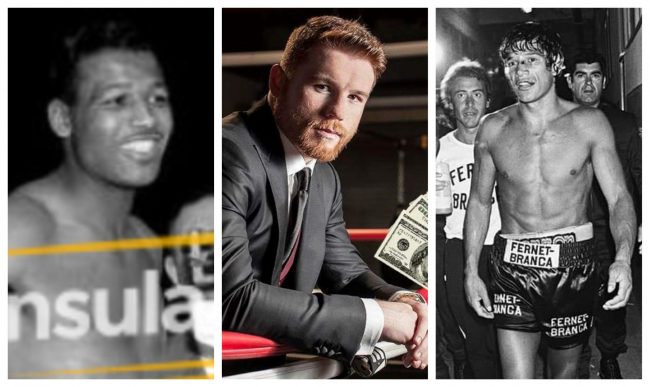 fotocomposición Saúl Canelo Álvarez con Ray Robinson y Carlos Monzón