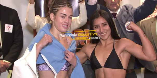 Jessica Tanquecita Basulto pesaje vs. Evelyn Bermúdez, del 030524 en Luna Park de Buenos Aires, por el campeonato mundial minimosca OMB y FIB con marca de agua