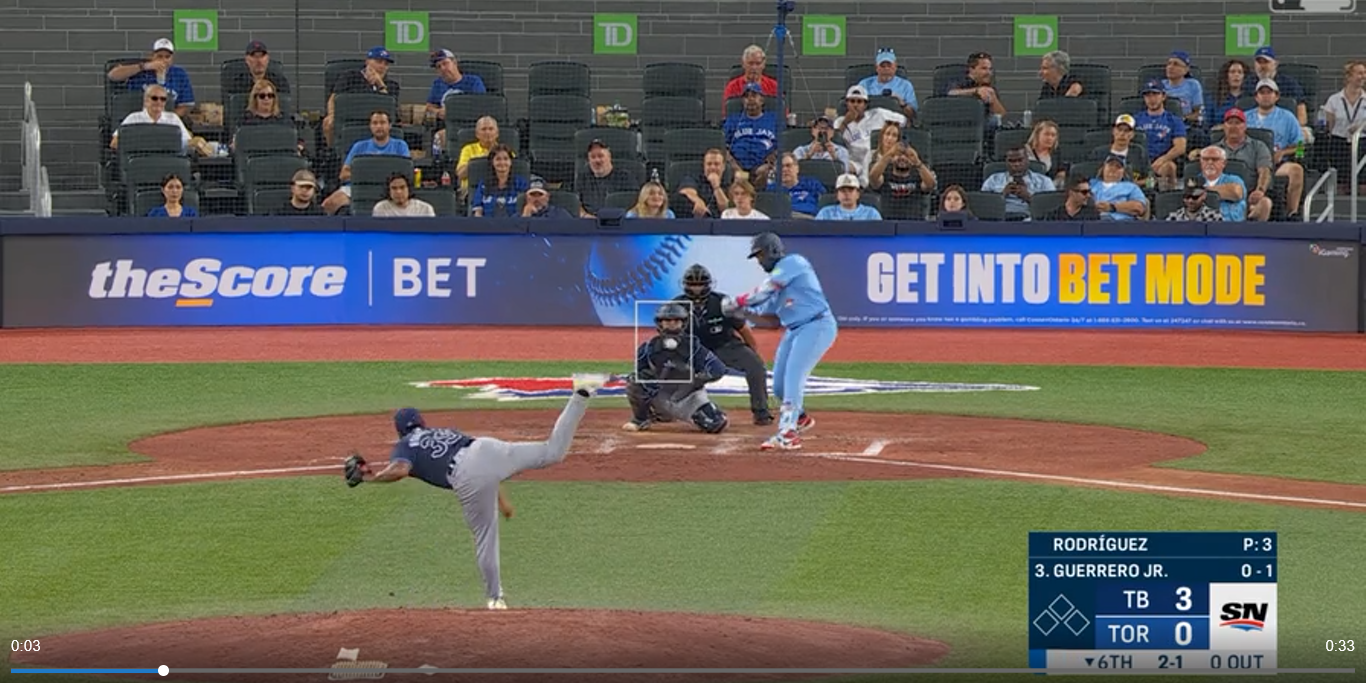 Manuel Bolón Rodríguez, salida ante los Azulejos de Toronto, del 230724 en Toronto contra Vladimir Guerrero, jonrón solitario, 1o de espalda con espalda