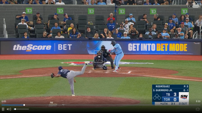 Manuel Bolón Rodríguez, salida ante los Azulejos de Toronto, del 230724 en Toronto contra Vladimir Guerrero, jonrón solitario, 1o de espalda con espalda