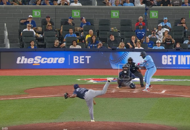 Manuel Bolón Rodríguez, salida ante los Azulejos de Toronto, del 230724 en Toronto contra Vladimir Guerrero, jonrón solitario, 1o de espalda con espalda