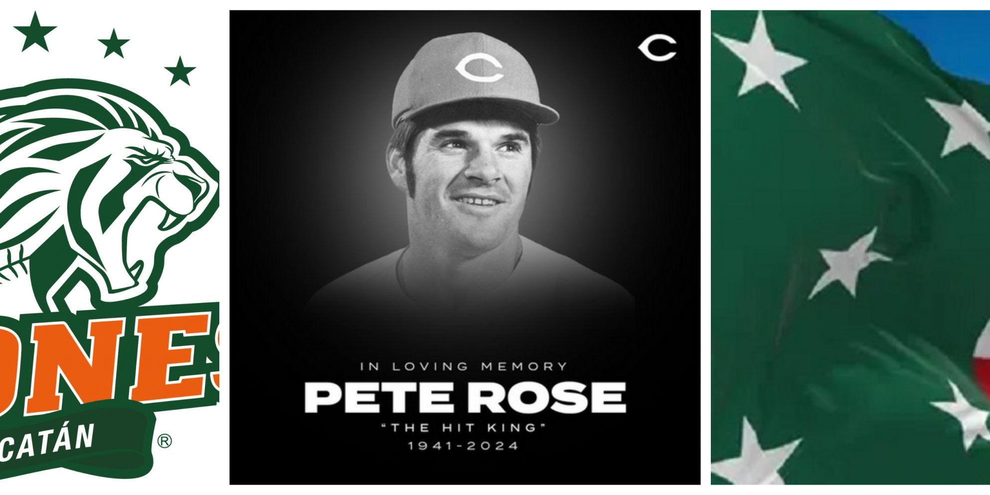 fotocomposición Pete Rose, logotipo Leones de Yucatán y bandera yucateca