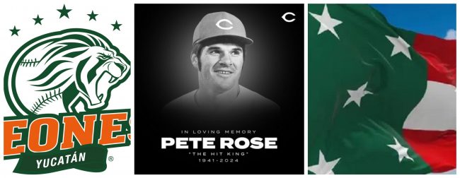 fotocomposición Pete Rose, logotipo Leones de Yucatán y bandera yucateca