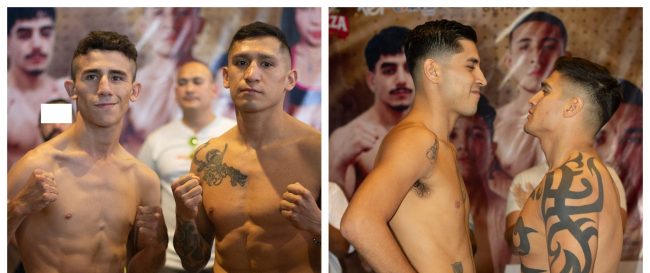 fotocomposición Pablo Rojo Peraza pesaje vs. Ulises Domador Suárez, del 151124 en Ibys Galerías de Mérida con Santiago Pérez Arjona y Mario Pantera Cárdenas vs. Fernando Rojo Galván