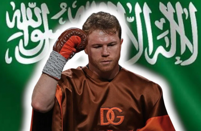 Saúl Canelo Álvarez con motivos árabes atrás de él
