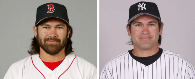 fotocomposición Johny Damon medias rjas de boston y yanquis de nueva York