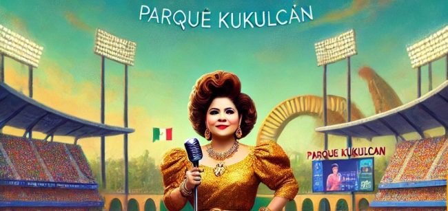 fotocomposición paquita la del barrio cantando en ekl Kukulcán