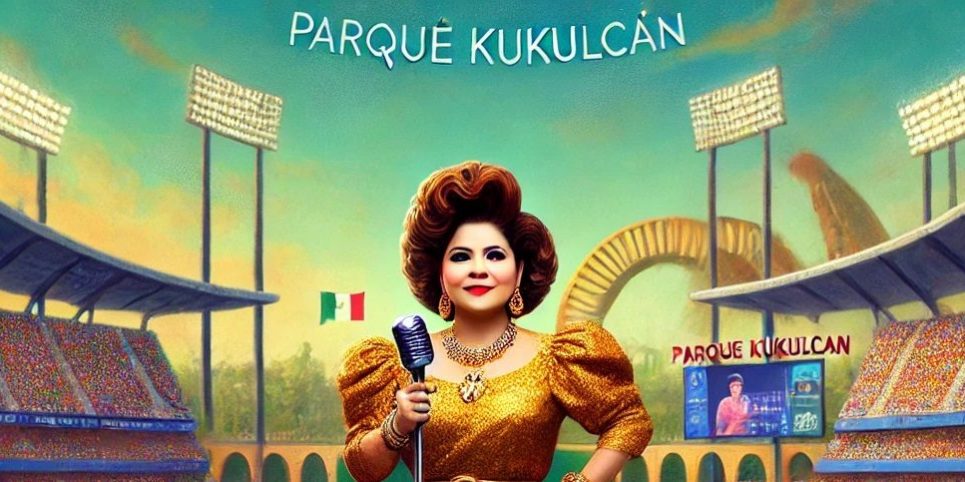 fotocomposición paquita la del barrio cantando en ekl Kukulcán