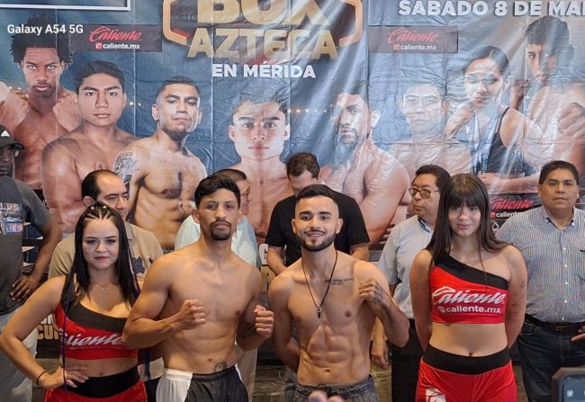 Erik Terrible Robles pesaje vs. Jesús Veneno Aréchiga, del 070325 en Hotel Ybis Galerías con Jorge Martín Pech, Guillermo Brito jr. y Raúl Jiménez Ávila