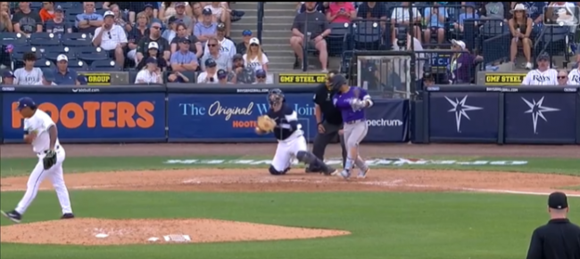 Manuel Bolón Rodríguez vs. Ezequiel Tovar, lo ponchó en 8a entrada retirada en orden, Rockies 2×1 a Rays, del 290325 en George Steinbrener Field en Tampa