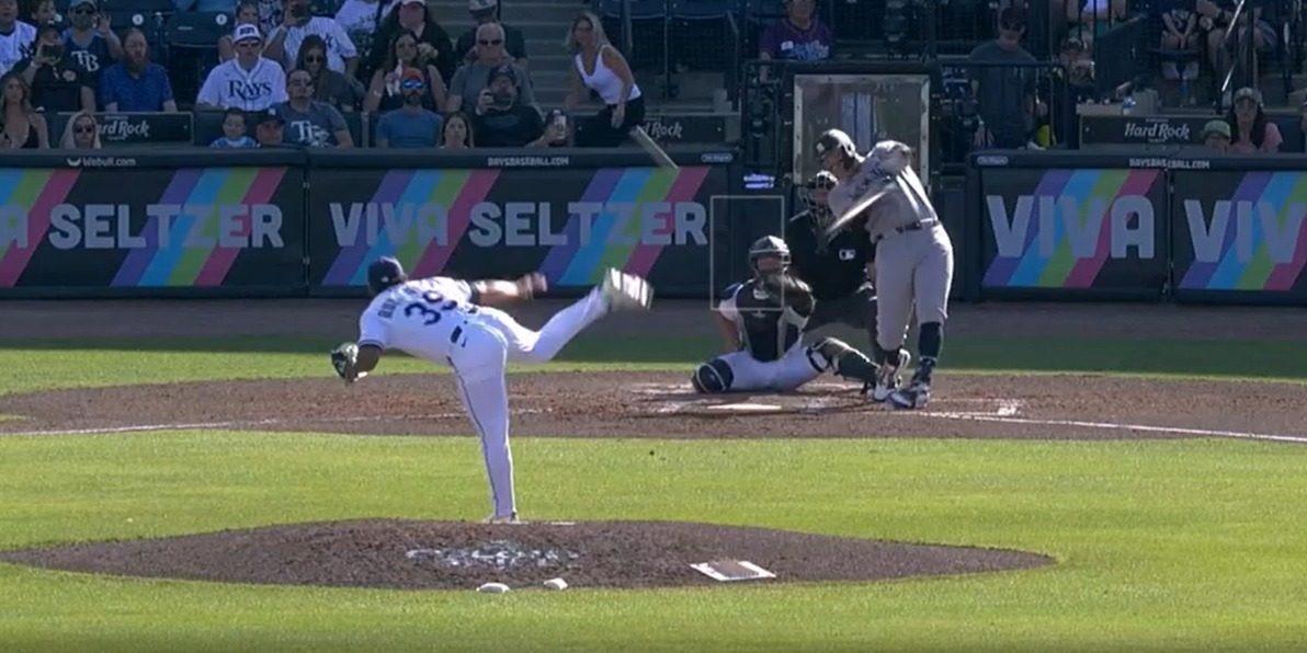 Manuel Bolón Rodríguez vs. Aaron Judge, le bateó un hit productor de dos carreras ajenas en la 4a entrada, 4a y 5a, Rays 10×8 a los Yanquis, del 190425 en Tampa