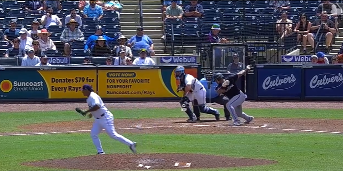 Manuel Bolón Rodríguez vs. Dane Myers lo ponchó en el 7o inning, Rays 4×3 a los Marlins de Florida, del 060625 en Tampa