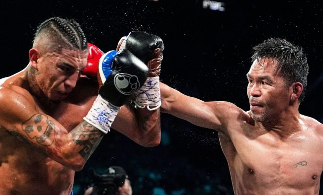 Mario Barrios vs. manny Pacquiao, empata 12 rounds, retiene el campeonato mundial wélter del CMB, del 190725 en MGM Grand de Las vegas