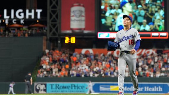 Yoshinobu Yamamoto de los Dodgers pierde sin hit y blanqueada en la 9a con dos outs del 060925 en Baltimore